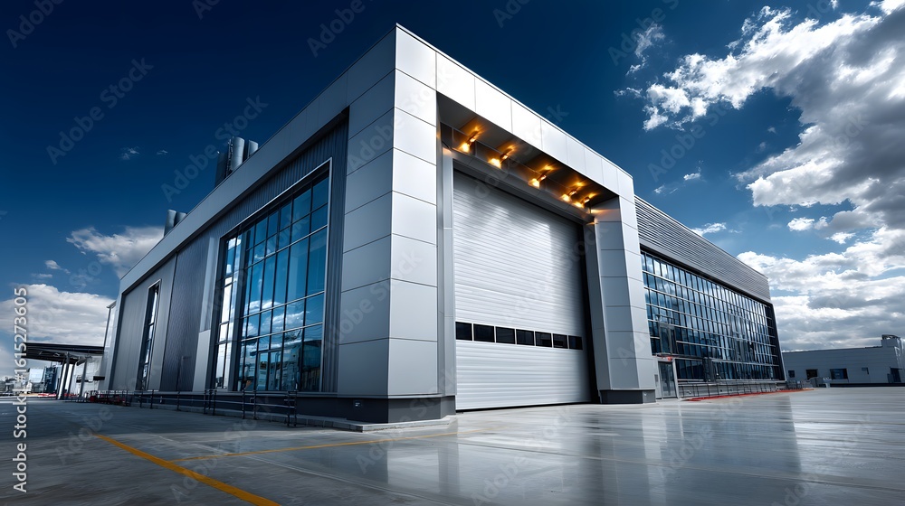 Obraz premium Modern Warehouse Facility with Large Closed Roller Door and Clean Forecourt perfect for logistics advertisements, industrial property brochures, supply chain visuals, and storage company branding