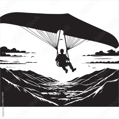 Black and white vector illustration of a person hang gliding over a mountain valley, a graphic concept for adventure sports, design 146.