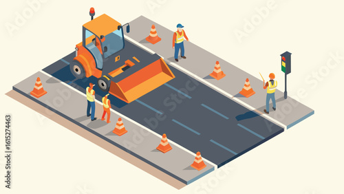 Isometric view of road construction scene with workers cones and construction vehicle on gray surface
