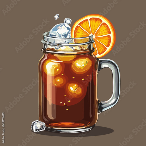 A refreshing iced tea drink in a mason jar, garnished with an orange slice and ice cubes, on a brown background.