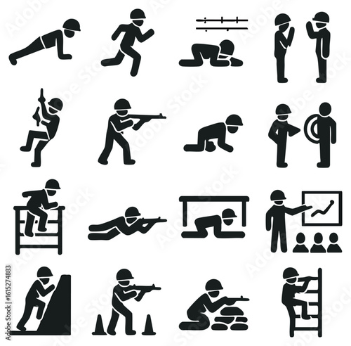 A set of stylized illustrations depicting various parkour movements, showcasing dynamic poses like climbing, vaulting, and balancing, ideal for instructional guides or design