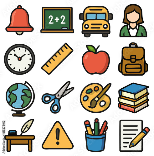 A vibrant collection of school icons showcases various elements associated with education in a colorful and appealing design. the school icons, including a blackboard, bus, and