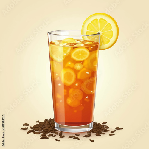 A refreshing glass of iced tea with lemon slices, a summer beverage.
