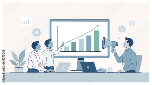 A business analysis illustration this graphic depicts business analysis activities, with professionals examining charts and using tools like a megaphone to communicate strategies.