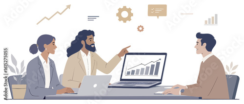 A business team examines financial data a stylized illustration captures a business team engaged in a thorough examination of financial data represented on a digital screen,