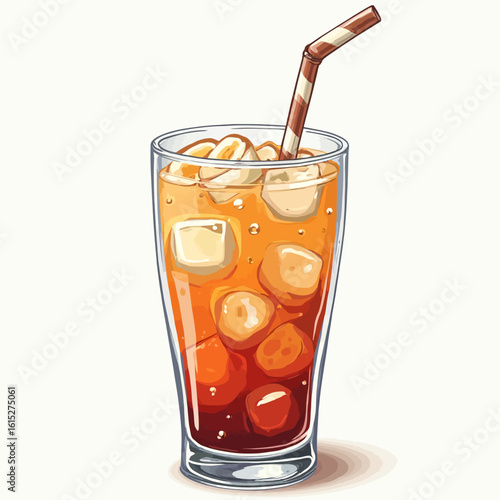 Refreshing iced beverage with ice cubes and a striped straw, ready to drink.