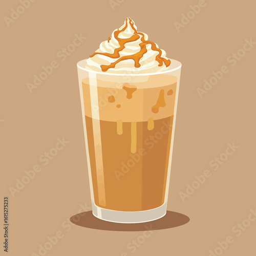 Caramel iced coffee drink in a glass, topped with whipped cream and caramel drizzle.