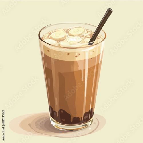 Iced coffee drink in a tall glass with ice cubes and a straw.