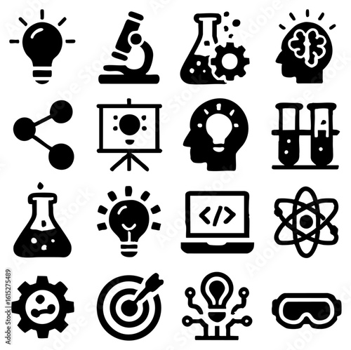 A collection of black and white science icons, representing various scientific concepts and tools, including light bulbs, atoms, gears, and test tubes. this science concept