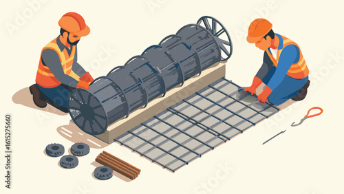 Two construction workers preparing rebar reinforcement for concrete structure on a construction site
