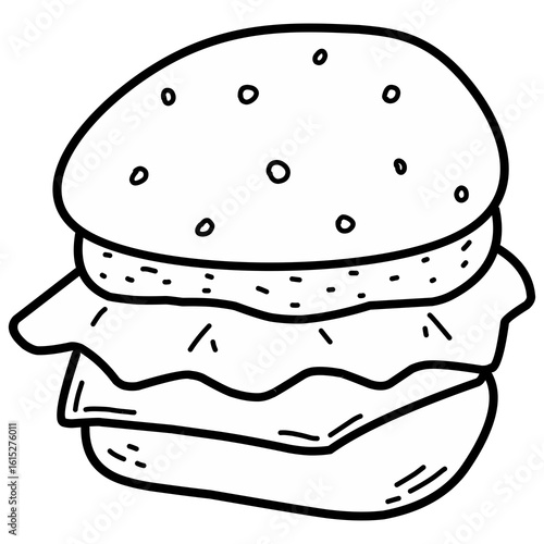 A colorful hand-drawn doodle illustration of a hamburger, featuring a sesame seed bun, beef patty, lettuce, and melted cheese. outlines and playful style make it perfect for fast food branding