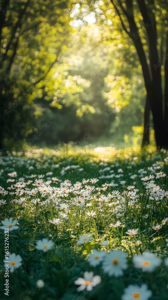 Fototapeta premium Walking Path Through Field of Daisies with Sunlight
