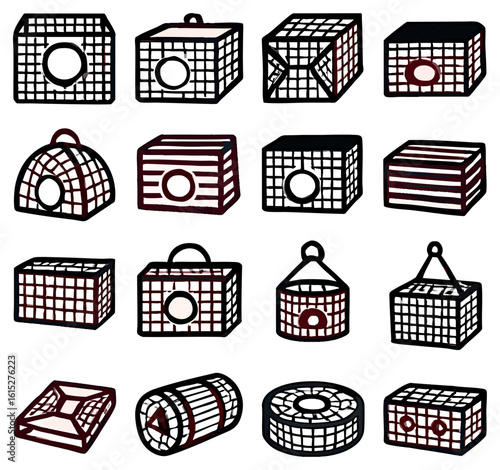 A collection of geometric cage illustrations, showcasing diverse three-dimensional cage shapes with varying grid patterns and circular or cylindrical openings, perfect for