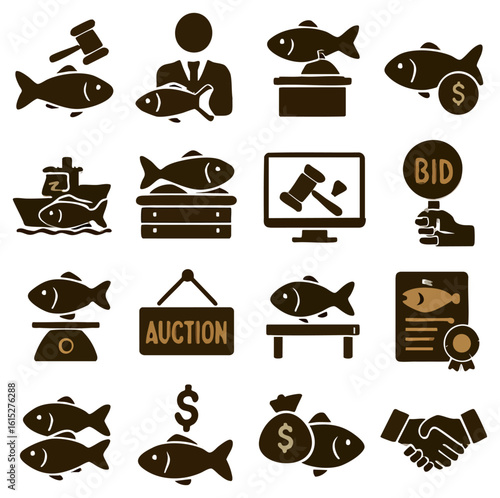 A collection of illustrated fish icons representing various concepts, including auction, sale, and trading, perfect for commercial and design projects.