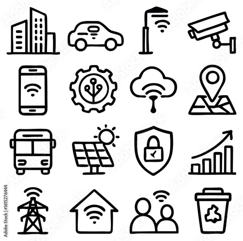 A collection of interconnected iot (internet of things) icons, showcasing wireless communication, smart devices, data transfer, and interconnected technology. the icons represent