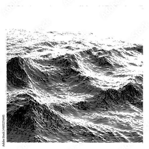 Engraved illustration of ocean waves with detailed line work creating a textured water surface scene