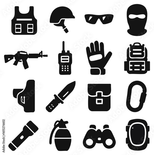 A collection of military and tactical gear icons is depicted in this image, showcasing essential equipment like a helmet, vest, weapon, radio, and more. this tactical gear graphic