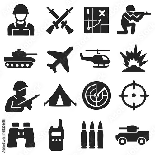 A collection of military icons presents an array of symbols representing various aspects of warfare and strategy. this graphic resource captures the essence of combat, including