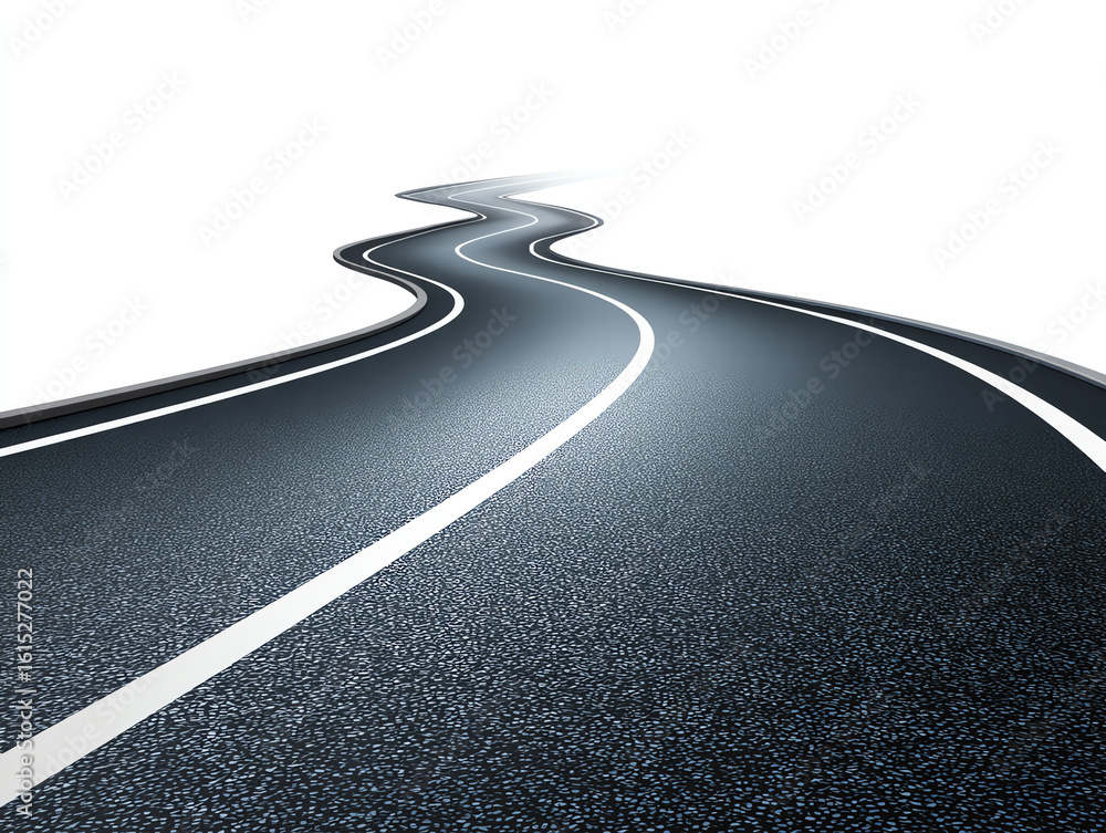 Obraz premium A smooth, winding asphalt road with clear white lane markings stretches into the distance on a white background, symbolizing a journey or path forward