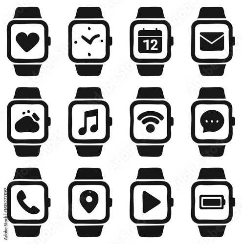 A collection of smartwatch icons showcasing various functionalities. the smartwatch icons include a heart symbol, a clock, a calendar, an email, a paw print, a musical note, a