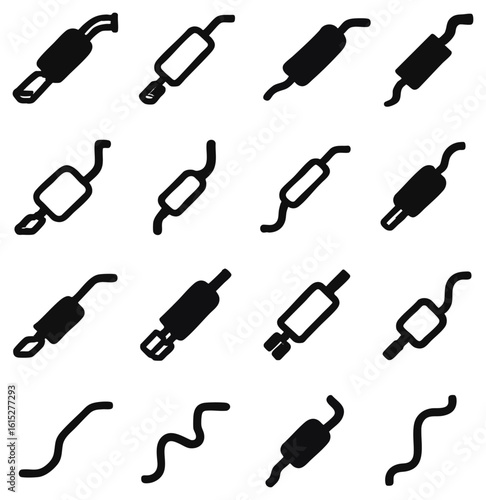 A collection of stylized exhaust silencer icons, showcasing various designs, shapes, and orientations, perfect for automotive, mechanical, and engineering projects, this visual