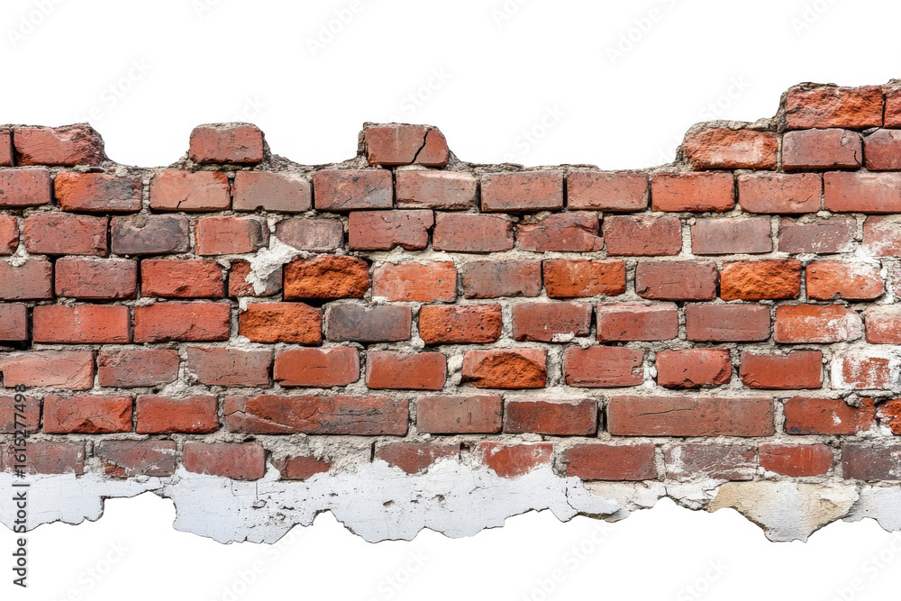 Obraz premium Weathered red brick wall with chipped white plaster and jagged top edge isolated on transparent background