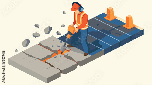 Isometric view of construction worker using jackhammer on concrete with safety cones nearby on road
