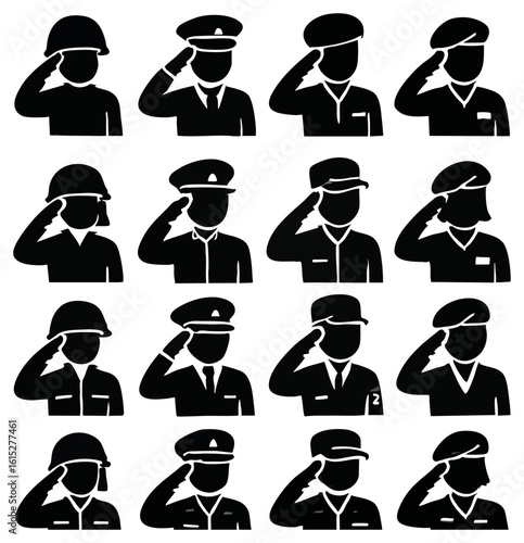 A collection of stylized soldiers saluting in a monochrome palette, representing various military personnel and uniforms. a versatile image suitable for themes of respect, honor,