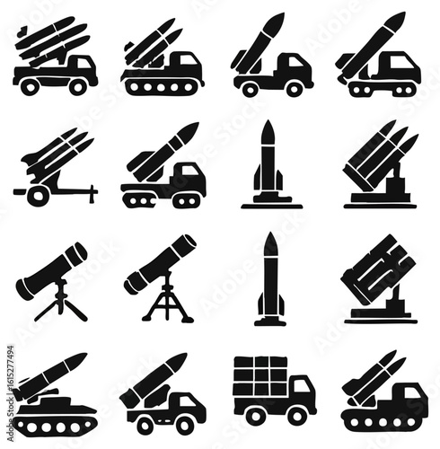 A collection of stylized missile icons and launch systems, depicting various military missile launchers, including mobile platforms and stand-alone missiles, ideal for