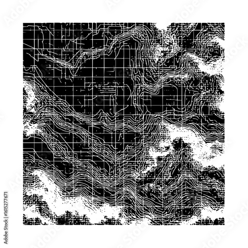 Abstract black and white topographic map with grid overlay illustrating elevation contours and terrain features