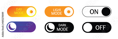 Toggle switch buttons for on off light dark mode and day night mode suitable for mobile apps and web interfaces.