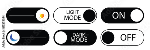 Toggle switch buttons for on off light dark mode and day night mode suitable for mobile apps and web interfaces.