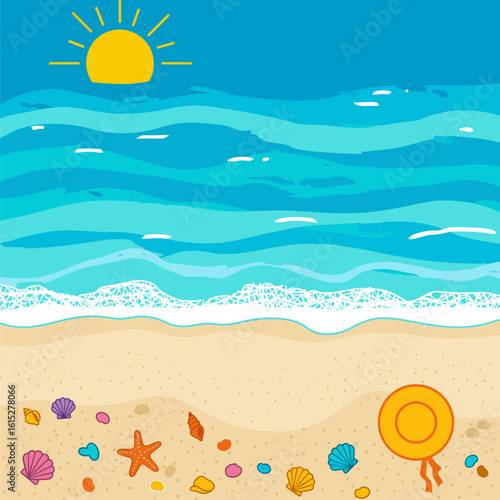 Vibrant Summer Beach Landscape Illustration with Ocean Waves, Sandy Shore, Sun, Seashells, and Sun Hat