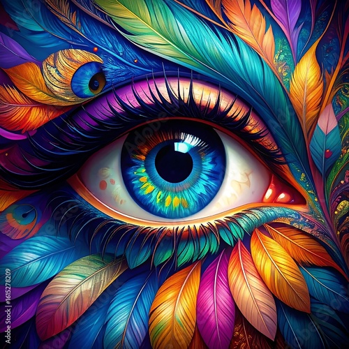 Colorful eye with intricate feather design