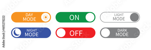 Toggle switch buttons for on off light dark mode and day night mode suitable for mobile apps and web interfaces.