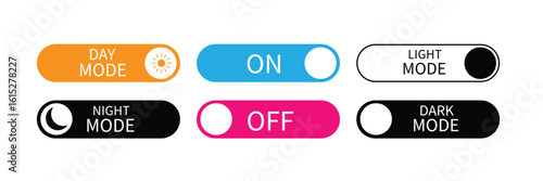 Toggle switch buttons for on off light dark mode and day night mode suitable for mobile apps and web interfaces.