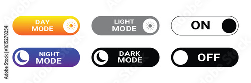 Toggle switch buttons for on off light dark mode and day night mode suitable for mobile apps and web interfaces.
