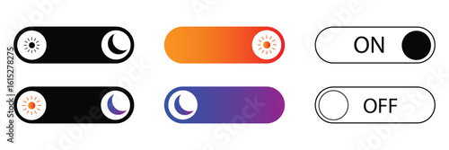 Toggle switch buttons for on off light dark mode and day night mode suitable for mobile apps and web interfaces.