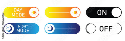 Toggle switch buttons for on off light dark mode and day night mode suitable for mobile apps and web interfaces.