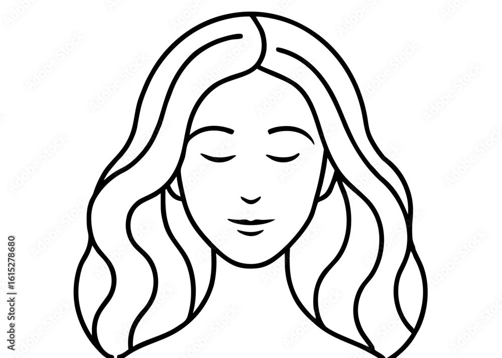 A continuous line drawing of a serene female face with closed eyes and long wavy hair. Minimalist black and white vector icon for beauty and wellness. A continuous line drawing of a serene female face with closed eyes and long wavy hair. Minimalist black and white vector icon for beauty and wellness.