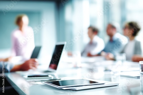 Blurred image of professionals in a meeting room with laptops and tablets on the table