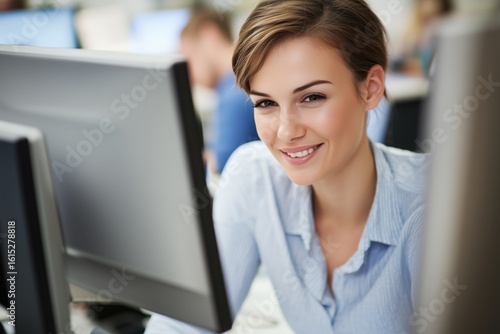 A smiling woman in a light blue shirt sits at a desk, engaged with her work on a computer Free Download A smiling woman in a light blue shirt sits at a desk, engaged with her work on a computer - GFXLoad