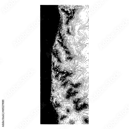 Abstract topographic map illustration showing elevation lines and a dark solid area to the left side of the map