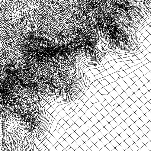 Abstract depiction of a topographical map with varying grid densities and irregular lines on white background