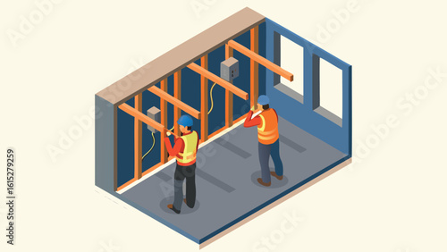 Isometric view of two construction workers installing wooden beams inside a building structure wall