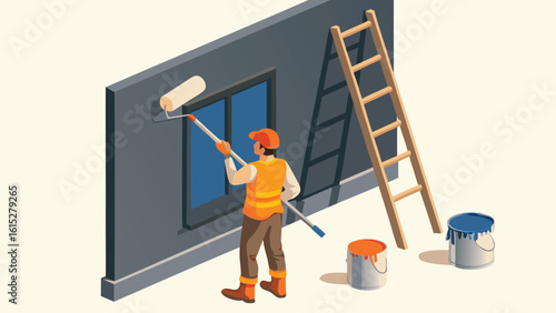Isometric view of a painter using roller on wall with ladder and paint cans near window frame image
