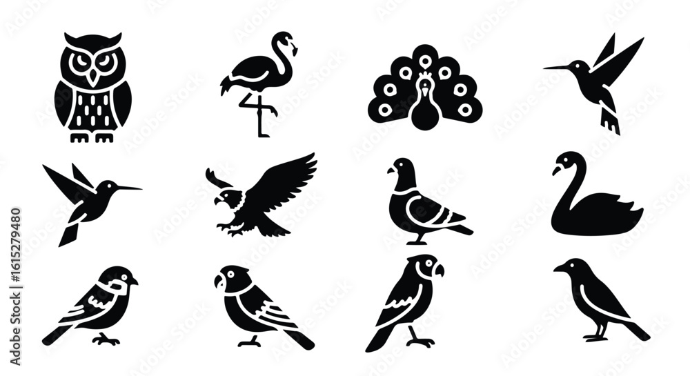 Fototapeta premium Vector silhouette illustration a collection of bird silhouettes including an eagle and a pigeon