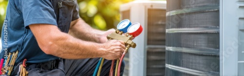 Technician servicing air conditioning unit during daytime at residential location