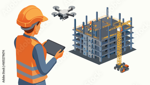 Construction worker using tablet with drone and building under construction in background view for project