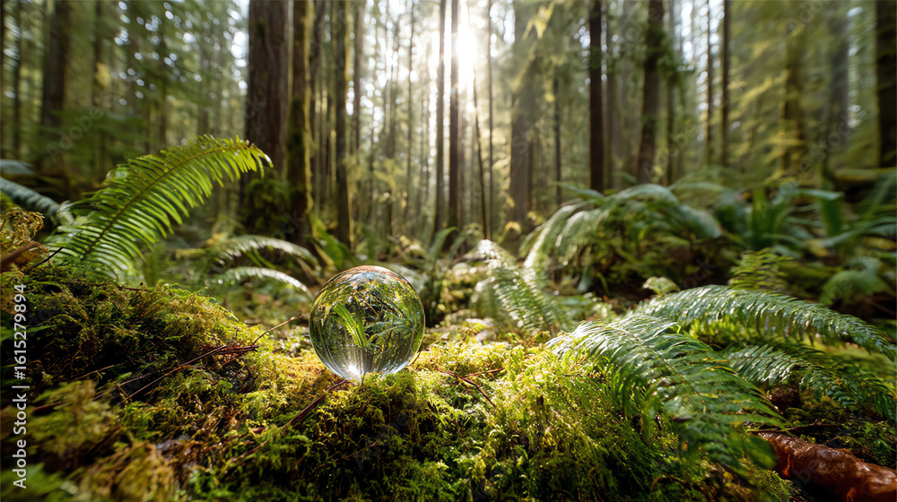 Fototapeta premium A glass sphere rests on mossy forest floor surrounded by ferns, reflecting the tall trees and sunlight filtering through dense woodland vegetation